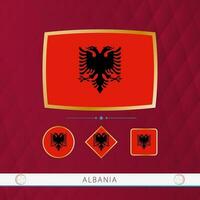 Set of Albania flags with gold frame for use at sporting events on a burgundy abstract background. vector