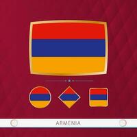 Set of Armenia flags with gold frame for use at sporting events on a burgundy abstract background. vector