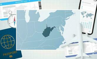 Journey to West Virginia, illustration with a map of West Virginia. Background with airplane, cell phone, passport, compass and tickets. vector