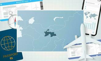 Journey to Tajikistan, illustration with a map of Tajikistan. Background with airplane, cell phone, passport, compass and tickets. vector