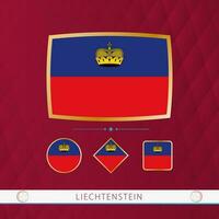 Set of Liechtenstein flags with gold frame for use at sporting events on a burgundy abstract background. vector