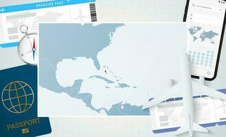 Journey to The Bahamas, illustration with a map of The Bahamas. Background with airplane, cell phone, passport, compass and tickets. vector