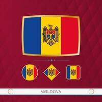 Set of Moldova flags with gold frame for use at sporting events on a burgundy abstract background. vector