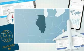 Journey to Illinois, illustration with a map of Illinois. Background with airplane, cell phone, passport, compass and tickets. vector