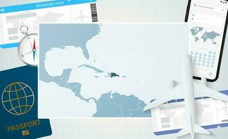 Journey to Dominican Republic, illustration with a map of Dominican Republic. Background with airplane, cell phone, passport, compass and tickets. vector