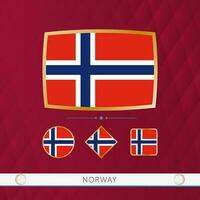 Set of Norway flags with gold frame for use at sporting events on a burgundy abstract background. vector