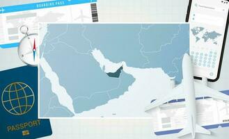 Journey to United Arab Emirates, illustration with a map of United Arab Emirates. Background with airplane, cell phone, passport, compass and tickets. vector