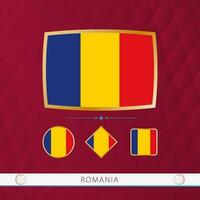 Set of Romania flags with gold frame for use at sporting events on a burgundy abstract background. vector