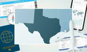 Journey to Texas, illustration with a map of Texas. Background with airplane, cell phone, passport, compass and tickets. vector