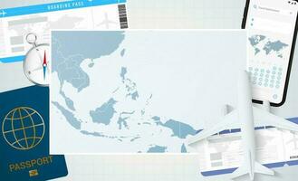 Journey to Palau, illustration with a map of Palau. Background with airplane, cell phone, passport, compass and tickets. vector