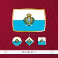 Set of San Marino flags with gold frame for use at sporting events on a burgundy abstract background. vector