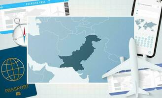 Journey to Pakistan, illustration with a map of Pakistan. Background with airplane, cell phone, passport, compass and tickets. vector