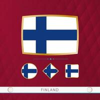 Set of Finland flags with gold frame for use at sporting events on a burgundy abstract background. vector