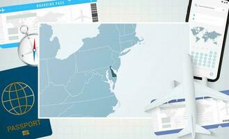 Journey to Delaware, illustration with a map of Delaware. Background with airplane, cell phone, passport, compass and tickets. vector