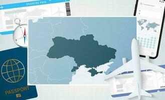 Journey to Ukraine, illustration with a map of Ukraine. Background with airplane, cell phone, passport, compass and tickets. vector