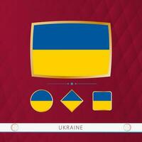 Set of Ukraine flags with gold frame for use at sporting events on a burgundy abstract background. vector
