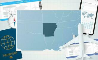 Journey to Arkansas, illustration with a map of Arkansas. Background with airplane, cell phone, passport, compass and tickets. vector