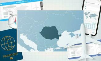 Journey to Romania, illustration with a map of Romania. Background with airplane, cell phone, passport, compass and tickets. vector