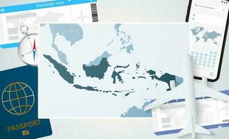 viaje a Indonesia, ilustración con un mapa de Indonesia. antecedentes con avión, célula teléfono, pasaporte, Brújula y Entradas. vector