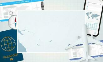 Journey to Tuvalu, illustration with a map of Tuvalu. Background with airplane, cell phone, passport, compass and tickets. vector