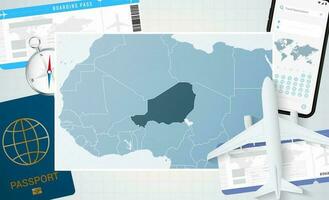 Journey to Niger, illustration with a map of Niger. Background with airplane, cell phone, passport, compass and tickets. vector