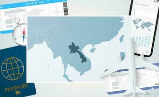 Journey to Laos, illustration with a map of Laos. Background with airplane, cell phone, passport, compass and tickets. vector