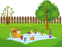 Outdoor picnic in garden,Food and pastime objects on nature landscape,picnic items. Creative banner with food and nature illustration png