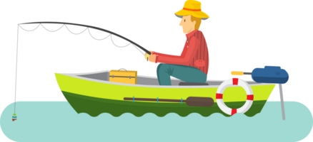 pescador sentado en el barco y pescar varilla es pescar en barco plano ilustración png