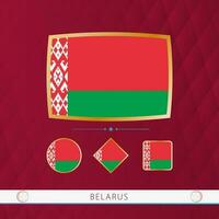 Set of Belarus flags with gold frame for use at sporting events on a burgundy abstract background. vector