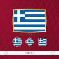 Set of Greece flags with gold frame for use at sporting events on a burgundy abstract background. vector