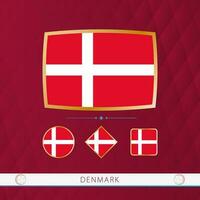 Set of Denmark flags with gold frame for use at sporting events on a burgundy abstract background. vector