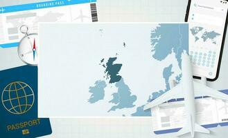 viaje a Escocia, ilustración con un mapa de Escocia. antecedentes con avión, célula teléfono, pasaporte, Brújula y Entradas. vector