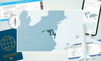 Journey to Maryland, illustration with a map of Maryland. Background with airplane, cell phone, passport, compass and tickets. vector