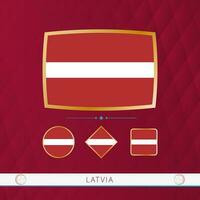 Set of Latvia flags with gold frame for use at sporting events on a burgundy abstract background. vector