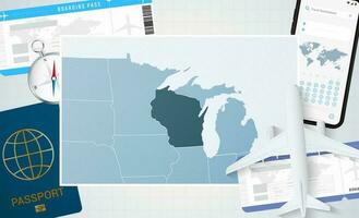 viaje a Wisconsin, ilustración con un mapa de Wisconsin. antecedentes con avión, célula teléfono, pasaporte, Brújula y Entradas. vector