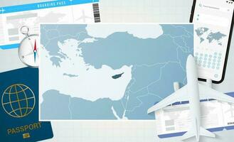 Journey to Cyprus, illustration with a map of Cyprus. Background with airplane, cell phone, passport, compass and tickets. vector