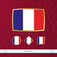 Set of France flags with gold frame for use at sporting events on a burgundy abstract background. vector