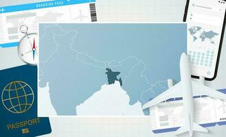 Journey to Bangladesh, illustration with a map of Bangladesh. Background with airplane, cell phone, passport, compass and tickets. vector