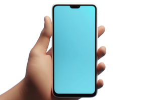 3D Hand holding mobile phone with empty screen. Cartoon smartphone isolated on blue background. Phone device Mockup. Marketing time banner template. 3D Rendering png