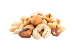 Cashew nuts, almond, hazelnut and blanched peanuts isolated on Transparent background, generate ai png