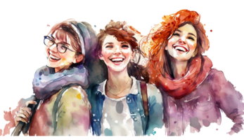 content femmes groupe pour international aux femmes journée bannière , aquarelle style illustration par génératif ai png