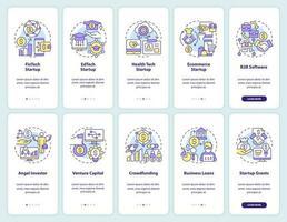 IT startup industries and finances onboarding mobile app screens set. Walkthrough 5 steps editable graphic instructions with linear concepts. UI, UX, GUI template vector