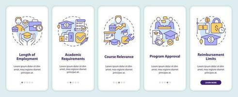 Tuition reimbursement requirements onboarding mobile app screen. Walkthrough 5 steps editable graphic instructions with linear concepts. UI, UX, GUI template vector