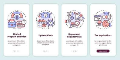 Tuition reimbursement disadvantages onboarding mobile app screen. Walkthrough 4 steps editable graphic instructions with linear concepts. UI, UX, GUI template vector