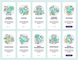 Tuition reimbursement onboarding mobile app screen set. Financial aid walkthrough 5 steps editable graphic instructions with linear concepts. UI, UX, GUI template vector