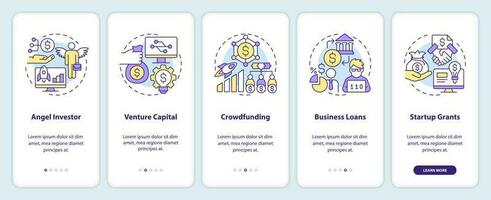 Tech startup financing options onboarding mobile app screen. IT walkthrough 5 steps editable graphic instructions with linear concepts. UI, UX, GUI template vector