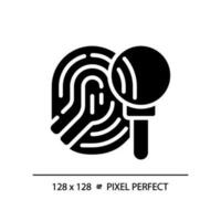 Crime investigation pixel perfect RGB color icon. Studying fingerprint with magnifying glass. Find evidence. Silhouette symbol on white space. Solid pictogram. Vector isolated illustration