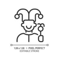 Jester pixel perfect linear icon. Archetype. Personality trait. Funny and spontaneous character. Psychoanalytic theory. Thin line illustration. Contour symbol. Vector outline drawing. Editable stroke