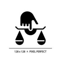 Justice pixel perfect RGB color icon. Balanced scales on finger. Law system protecting order in society. Judgement. Silhouette symbol on white space. Solid pictogram. Vector isolated illustration