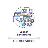 Look at benchmarks concept icon. Get started with social media advertising abstract idea thin line illustration. Isolated outline drawing. Editable stroke vector